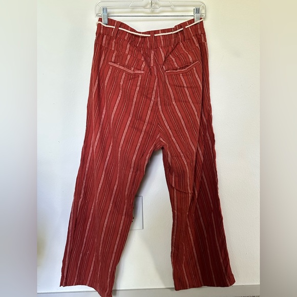 Sundance Catalog Pants Linen Blend Rust Brown Stripe Wide Leg Tie Belt - Picture 2 of 7